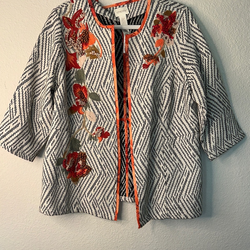 Chico's‎ Black and White Blazer with Red Floral Embroidery